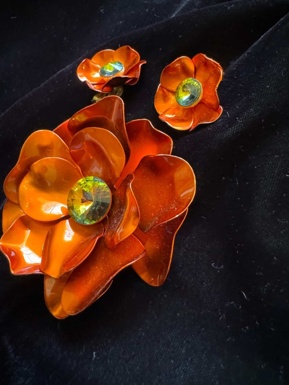 Orange Vintage Flower Clip-On Earring and Brooch Set